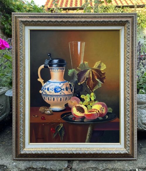 still life fruit oil painting peaches blue and white jug portrait glass tulip vase