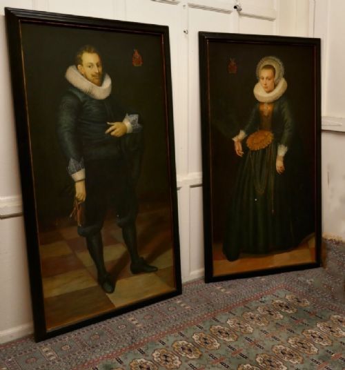 pair dutch marriage portrait produced after the originals by cornelis van der voort of justina van teylingen adriaen de kies van wiessen 17thc manner oil paintings