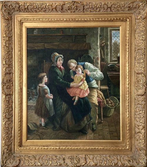 family interior scene titled the finishing touches after william henry knight 19th manner oil portrait painting