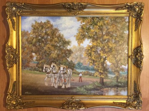 shire horses harrowing field agricultural landscape oil painting farming scenes