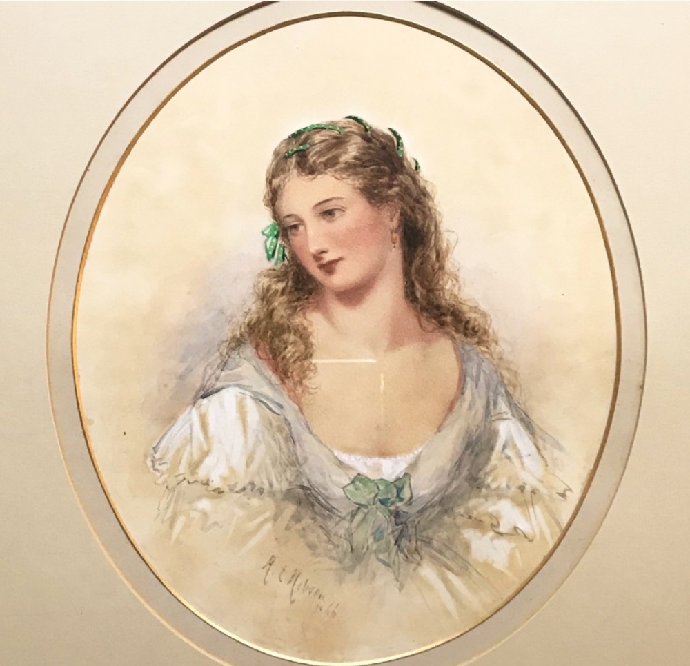 watercolour portrait painting of a lady by henry e hobson fl 18571866