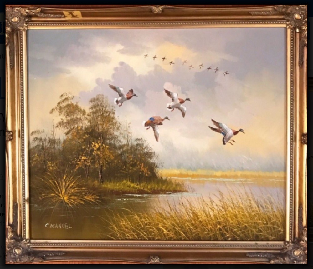 river landscape oil painting of ducks in flight