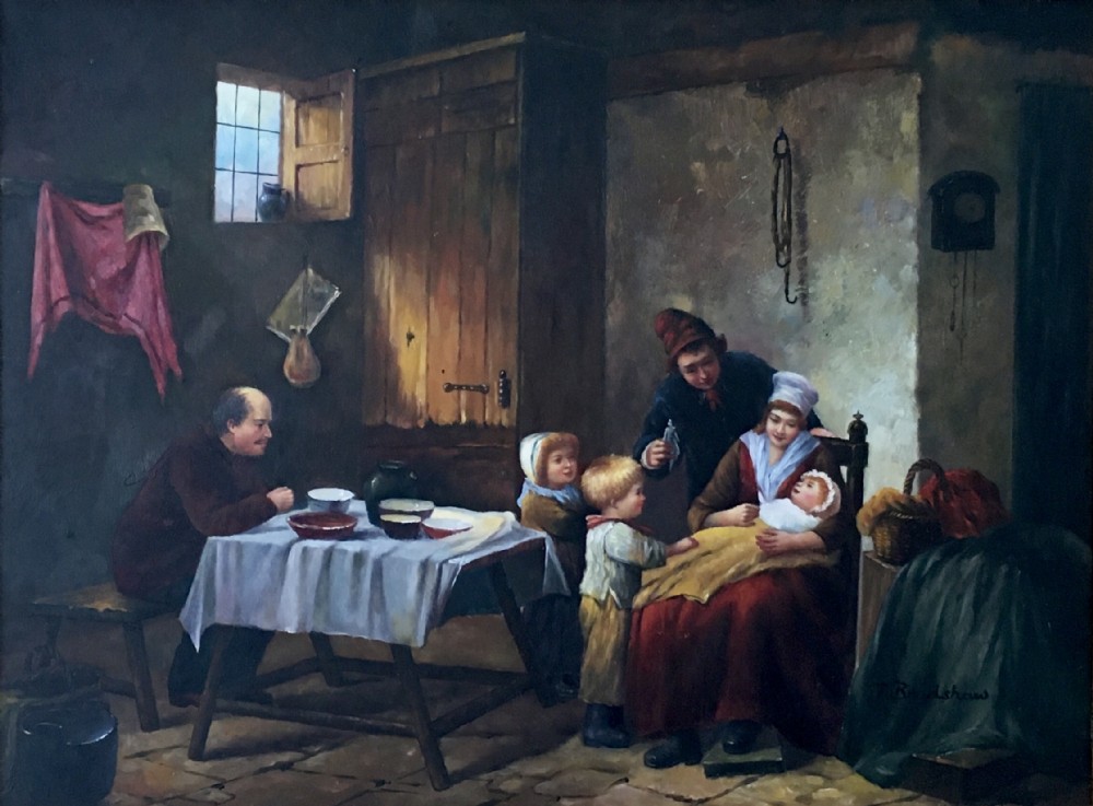 dutch interior scene oil portrait on panel genre painting of family