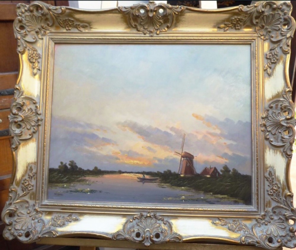dutch river landscape oil painting windmill at sunset on wooden panel
