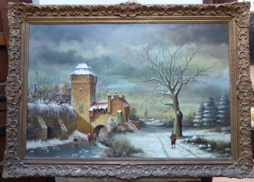 dutch school winter landscape oil painting on canvas 42 x 30 inches