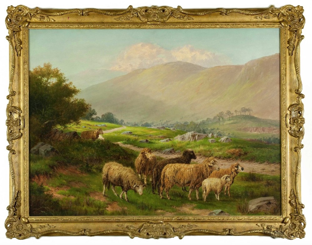 sheep landscape oil painting by william henry mander british fl 18801922 36 x 46 inches