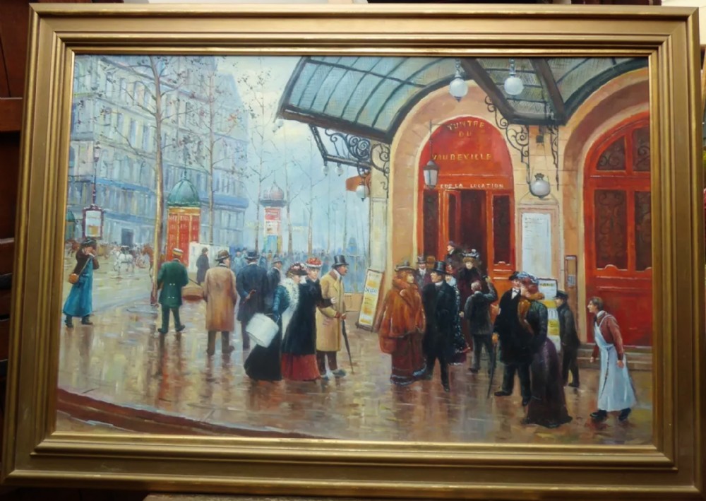 impressionist oil portrait painting outside the theatre du vaudeville paris after jean braud 1849 1935
