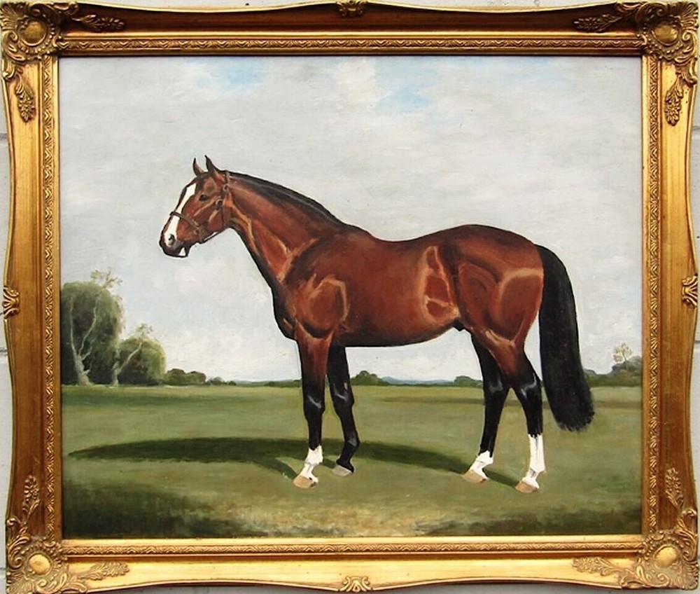 equestrian oil portrait painting thoroughbred chestnut bay race horse