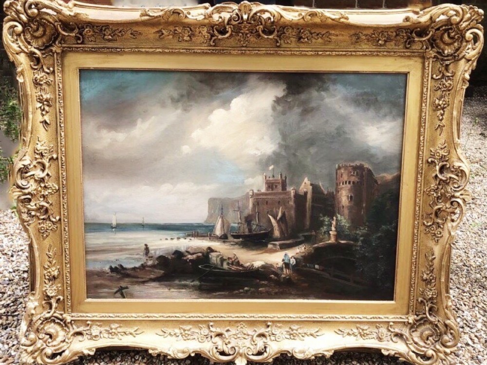dutch manner seascape castle painting 19th marine oil portraits of fishing boats