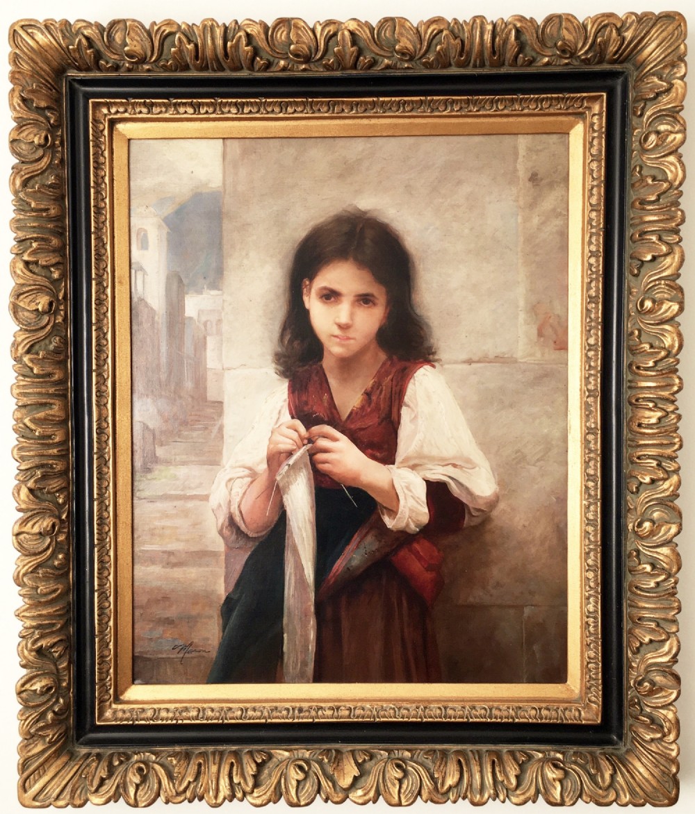 19th manner embellished oleograph tuscan girl portrait after william adolph bouguereau neapolitan school painting on canvas