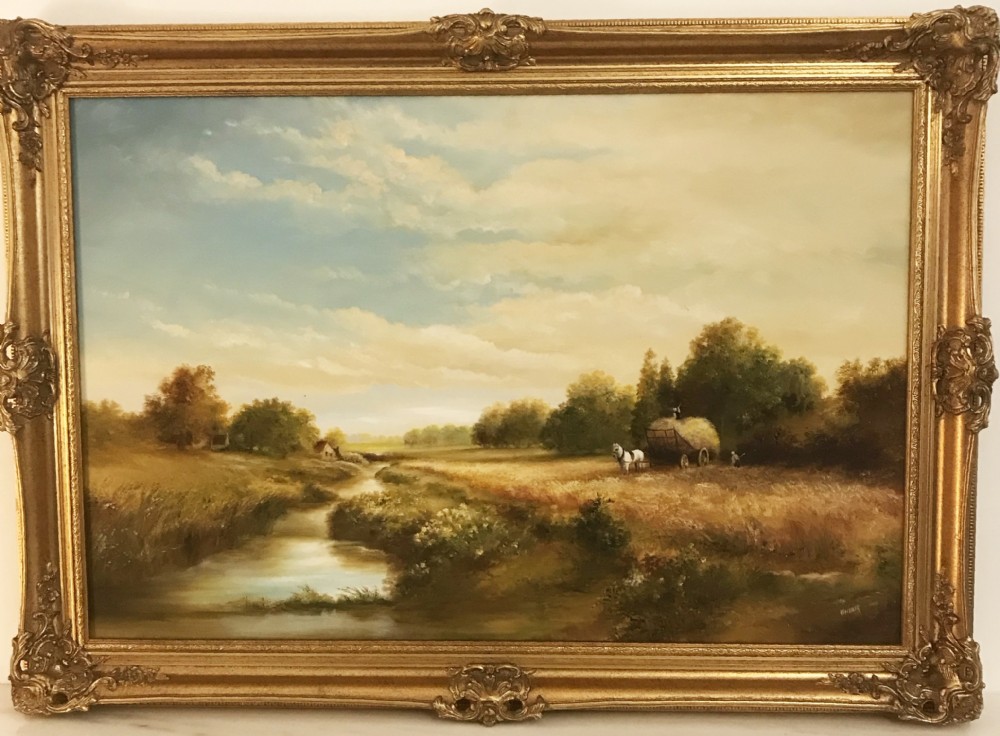 river landscape oil painting countryside view of suffolk portrait of horse and cart collecting hay