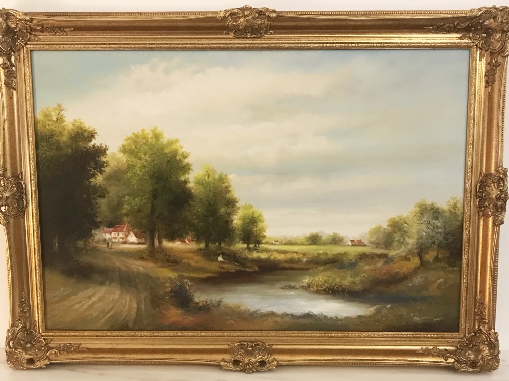 river landscape oil painting man fishing countryside portraits of suffolk with fields and trees