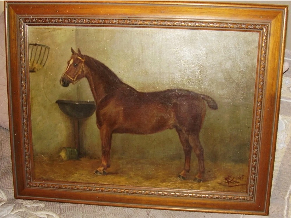 chestnut bay hunter in a stable after john herring senior equine oil portrait painting circa 1895